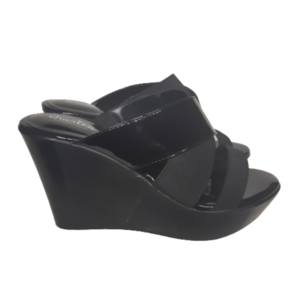 Charles Fefe Mule Wedge platform Sandal Black Patent faux leather